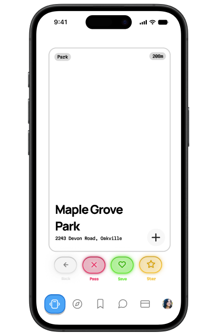 The Puddle app showing a nearby park on the swipe screen